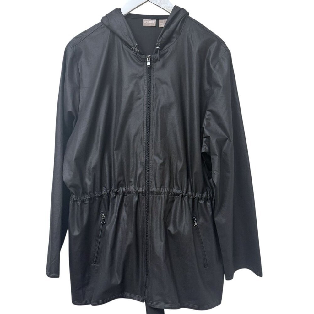 CHICO'S Womens Jacket XL (Chicos 3) Black Light Utility Hooded Zip Front Drawstr